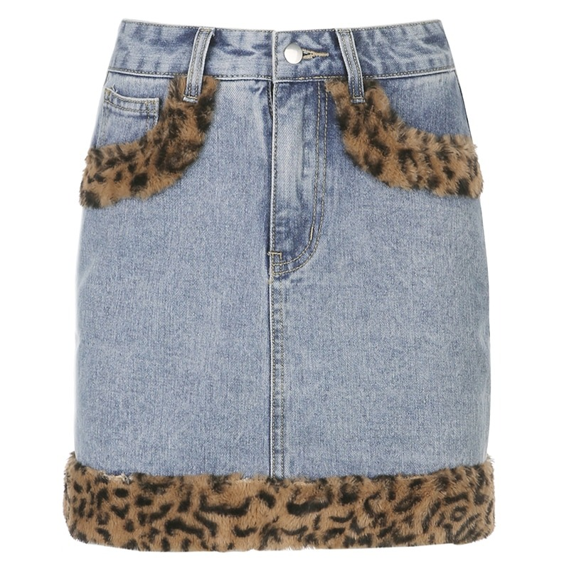 Women's high waist denim skirt with leopard fur inserts, perfect for casual chic style.
