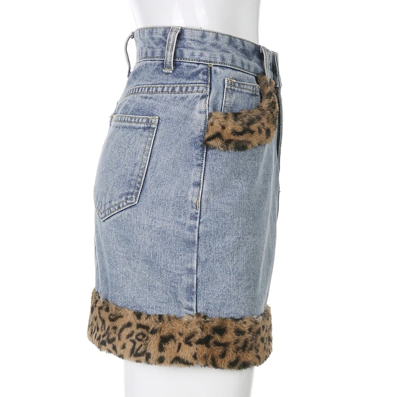 Women's furry leopard high waist jeans skirt in casual style, featuring stylish fur inserts and a flattering fit.
