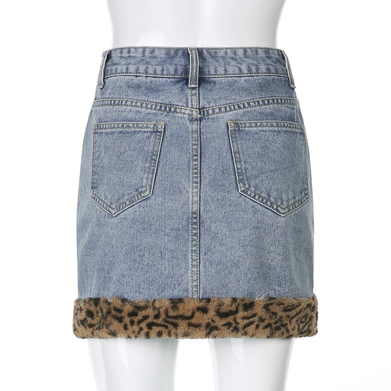 Back view of women's high waist jeans skirt with leopard fur trim, casual fashion mini skirt for trendy outings.