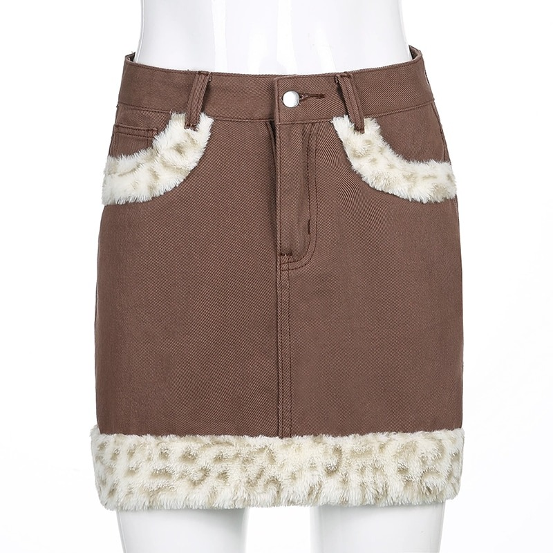 Women's Furry Leopard High Waist Jeans Skirt in brown with fur inserts, stylish casual mini skirt for everyday wear.