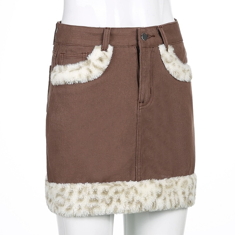 Brown high waist mini skirt with leopard fur trim and pocket detail for stylish casual wear.