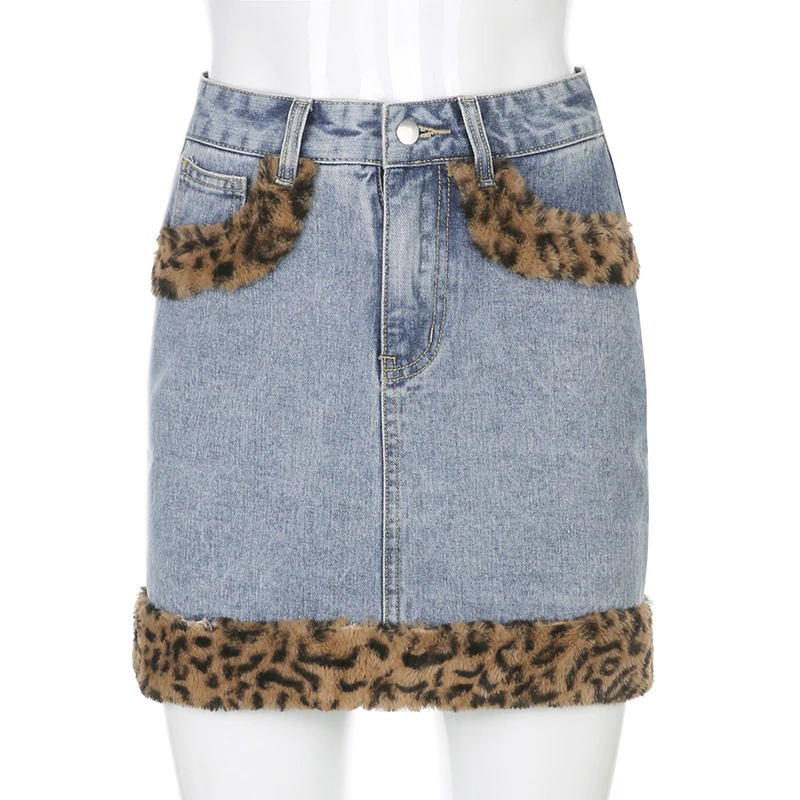 Women's leopard high waist jeans skirt with furry details, perfect for casual fashion and stylish outings.