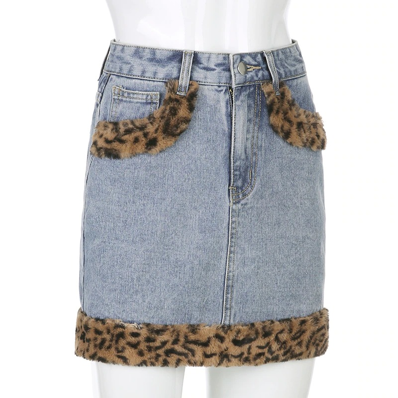 Women's high waist jeans skirt with furry leopard accents for a trendy casual look.