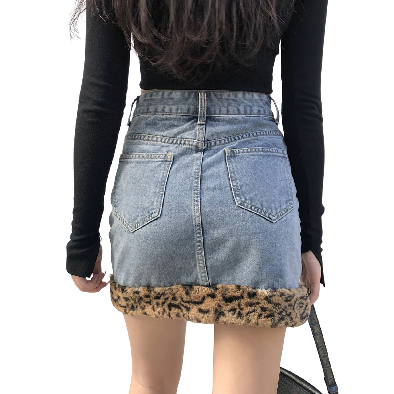 High waist women's mini skirt with leopard fur trim, perfect for casual fashion looks.