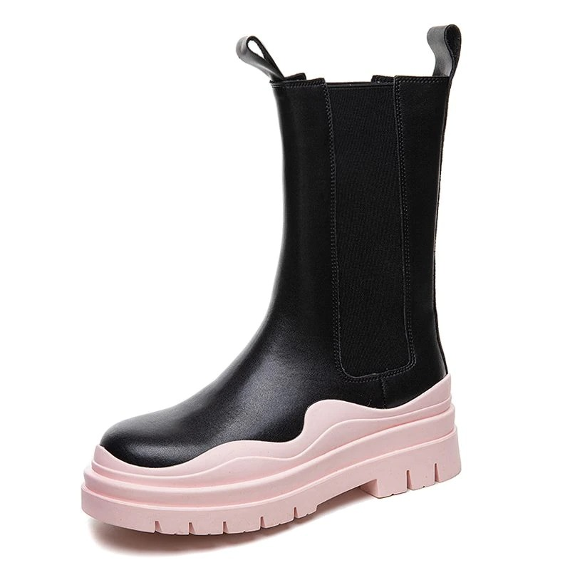 Stylish women's genuine leather boots with thick pink sole, perfect for all-day comfort and fashion.