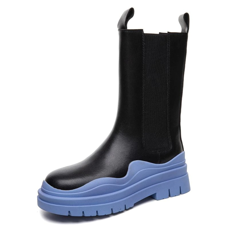 Women's genuine leather boots with a thick blue sole, stylish and comfortable fashion footwear for ladies.