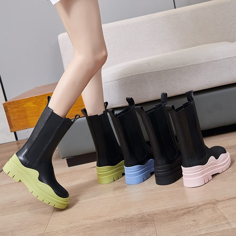 Stylish women's genuine leather boots in black with thick colorful soles: green, blue, and pink, perfect for all-day comfort.