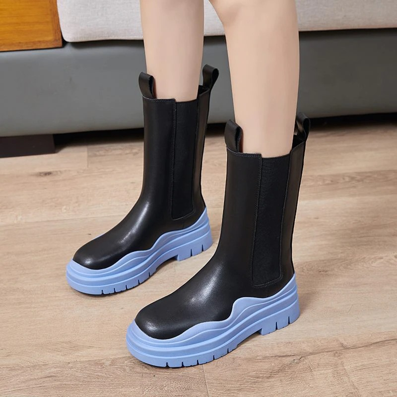 Women's genuine leather boots with thick blue sole, fashionable and stylish for all-day comfort.