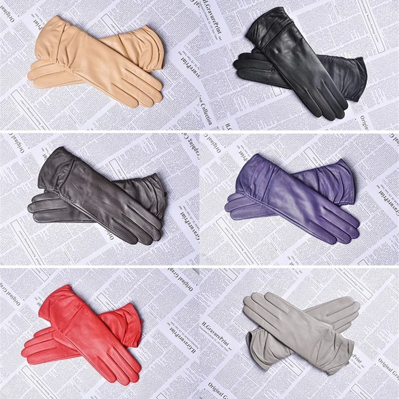 Elegant women's leather gloves in various colors, featuring a stylish design and warm velvet lining for cold weather.