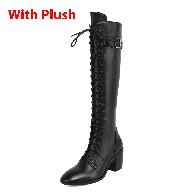 Women's Genuine Leather High Boots with Lace up / Fashion Female Thin Boots with Round Toe - HARD'N'HEAVY