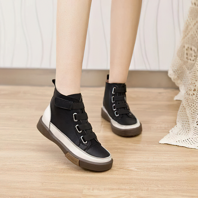 Stylish women's genuine leather sneakers with velcro straps, perfect for casual wear in trendy black.