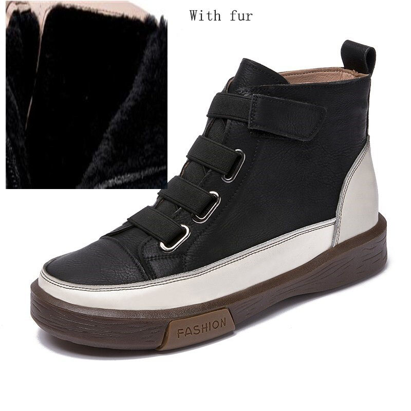 Trendy women's genuine leather sneakers with fur, stylish high tops featuring velcro straps and a round toe design.