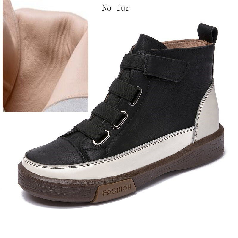 Women's genuine leather trendy black sneakers with velcro, casual round toe footwear, no fur features.