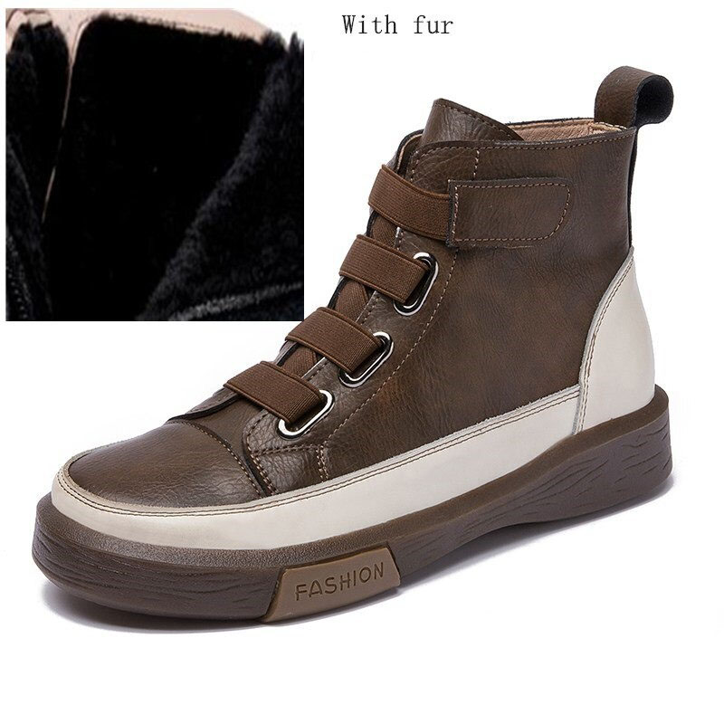 Brown women's genuine leather sneakers with fur, trendy round toe casual footwear for stylish comfort.