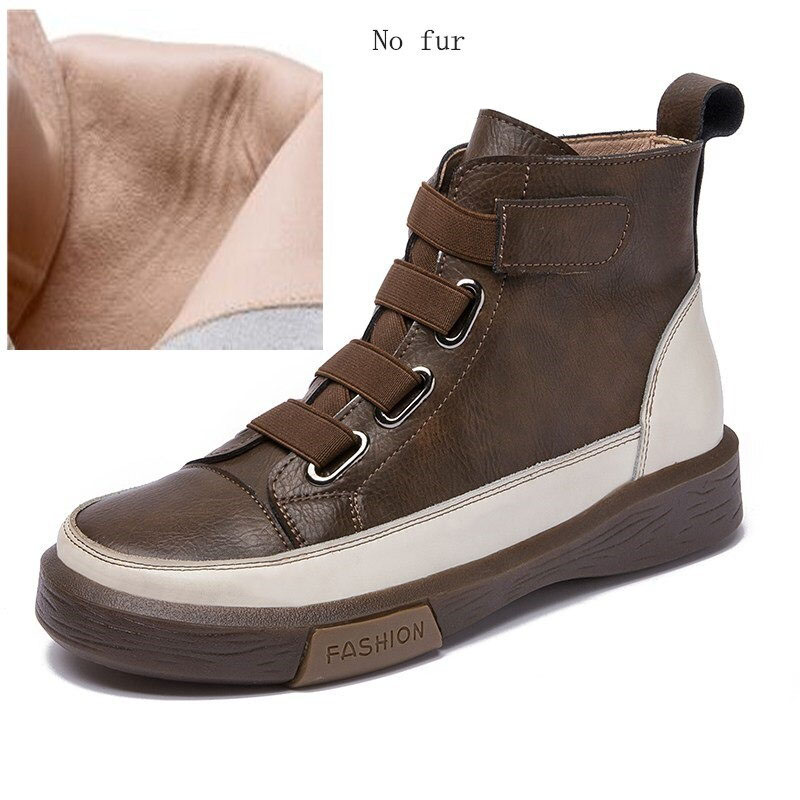 Brown women's genuine leather sneakers with trendy round toe and velcro straps for casual comfort.