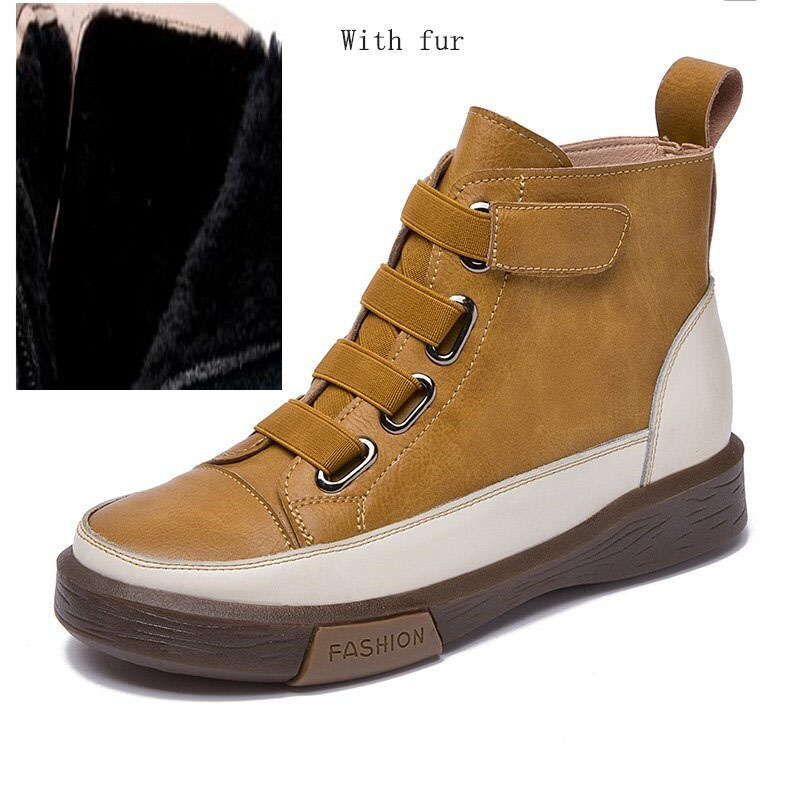 Women's genuine leather sneakers in tan with fur lining and velcro, perfect for trendy casual outfits.