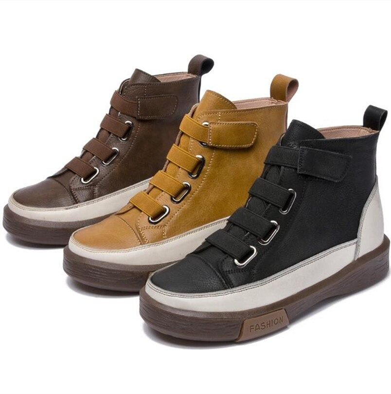 Stylish women's genuine leather sneakers in brown, yellow, and black with trendy round toe and comfy velcro straps.