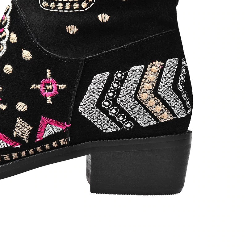 Close-up of women's genuine leather western boots with vibrant embroidery and stylish heel.
