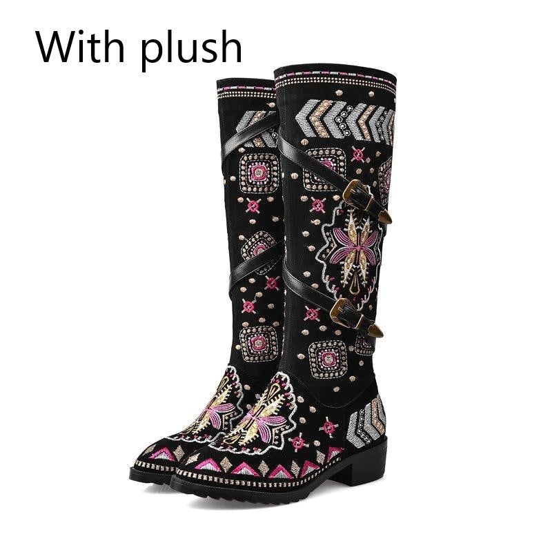Women’s embroidered western boots with plush lining, perfect for edgy outfits and summer festivals.