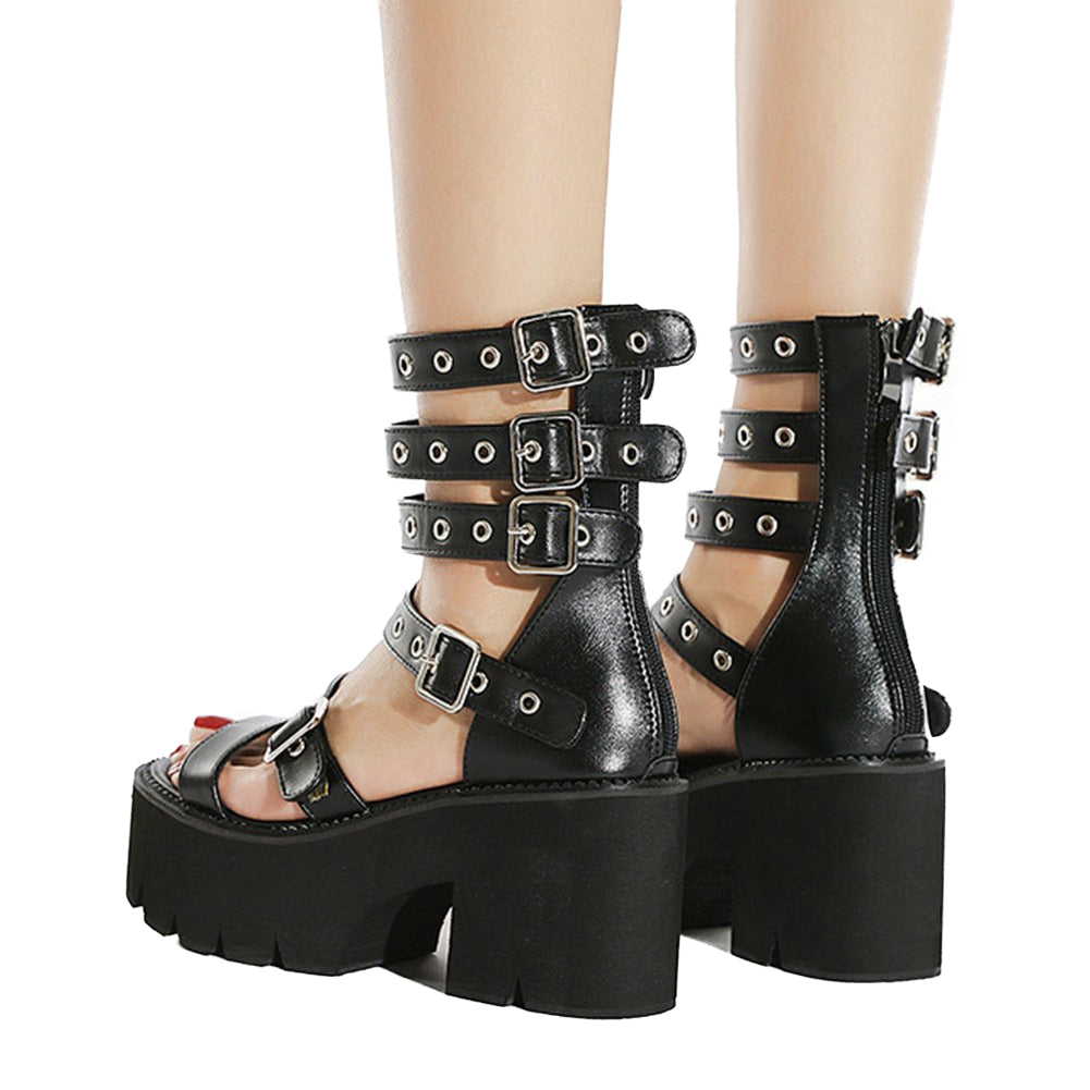 Stylish women's gladiator platform sandals in black with buckles and zipper, perfect for summer fashion.