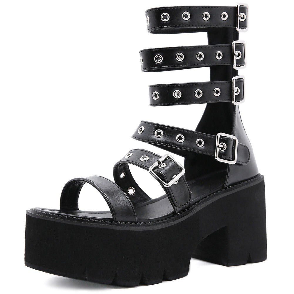 Stylish women's gladiator platform sandals in black PU leather with zipper and buckle details, perfect for summer fashion.