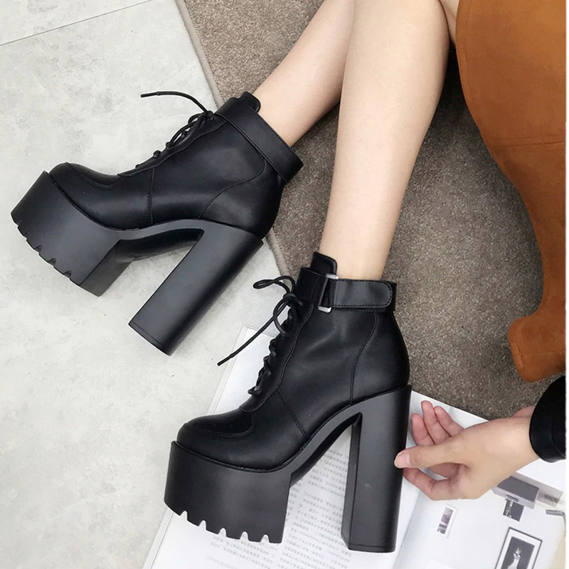 Stylish women's gothic lace-up ankle boots with high platform heels in black PU leather, perfect for alternative fashion.