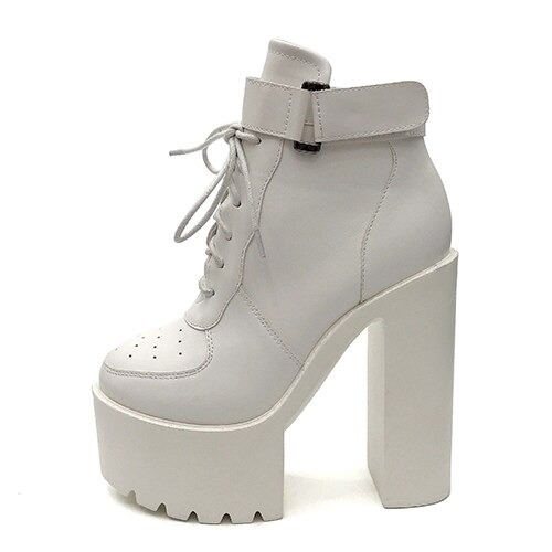 White high-heeled lace-up ankle boots with a chunky platform, perfect for alternative fashion and punk outfits.