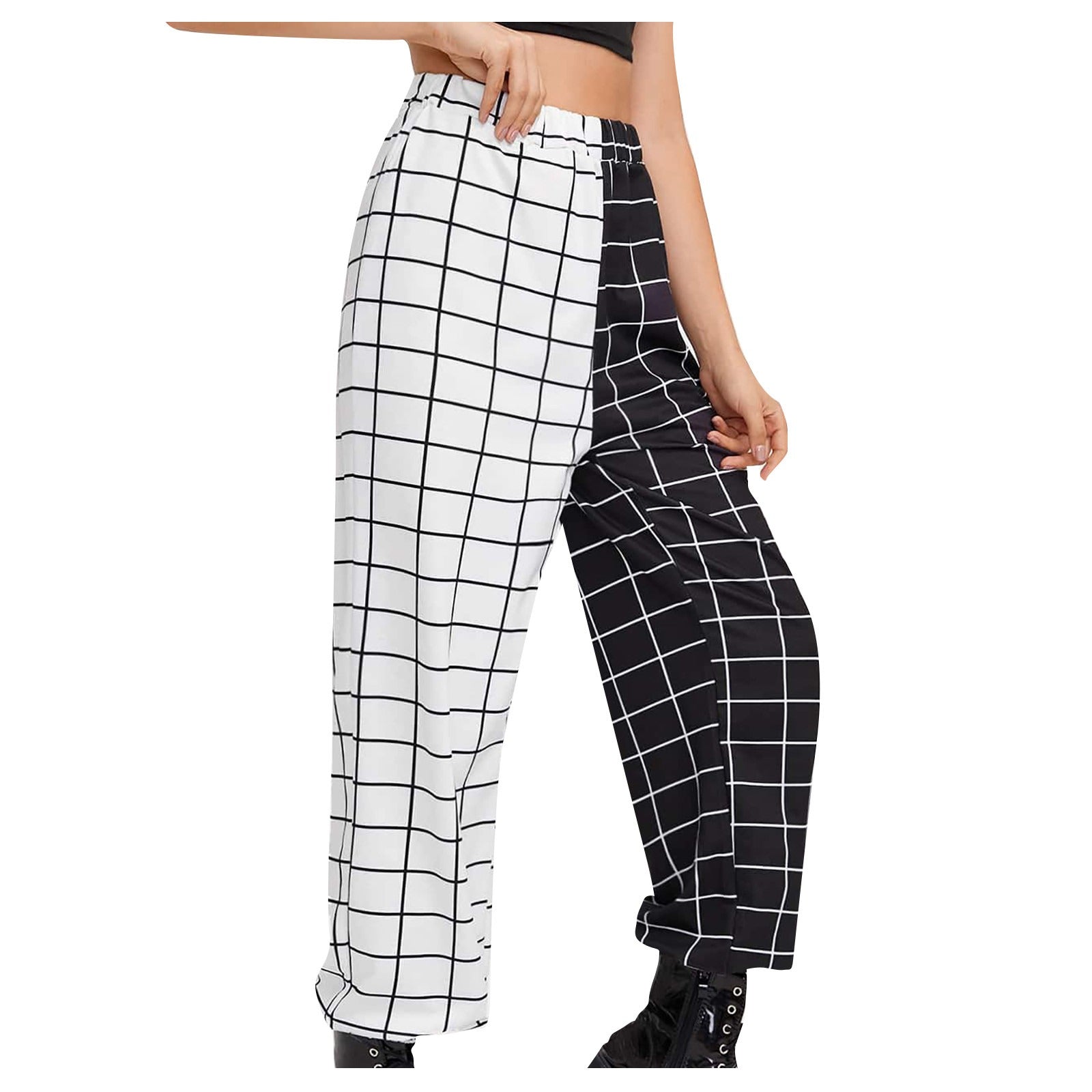 Women's Gothic Cargo Pants With Black-White Checkerboard Print / High Waist Long Pants - HARD'N'HEAVY