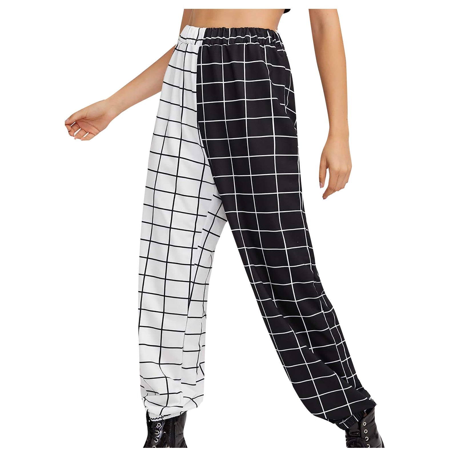 Women's Gothic Cargo Pants With Black-White Checkerboard Print / High Waist Long Pants - HARD'N'HEAVY