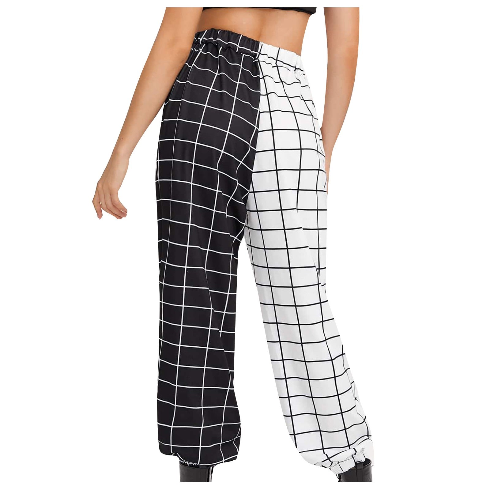 Women's high-waist gothic cargo pants featuring black-white checkerboard print from the back view.