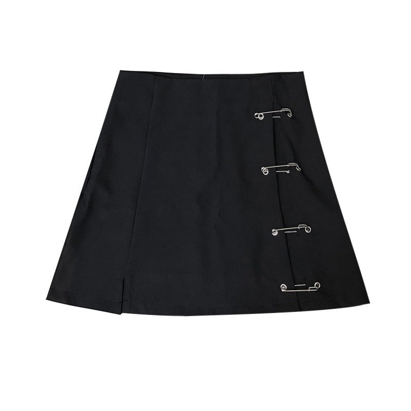 Women's low waist A-line black skirt with side clips and a stylish slit, perfect for a gothic look.