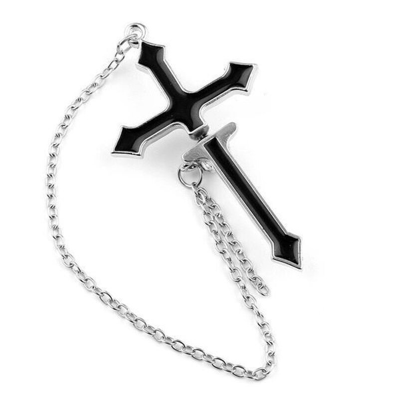 Black cross earring with stylish chain for women, perfect gothic accessory in zinc alloy.