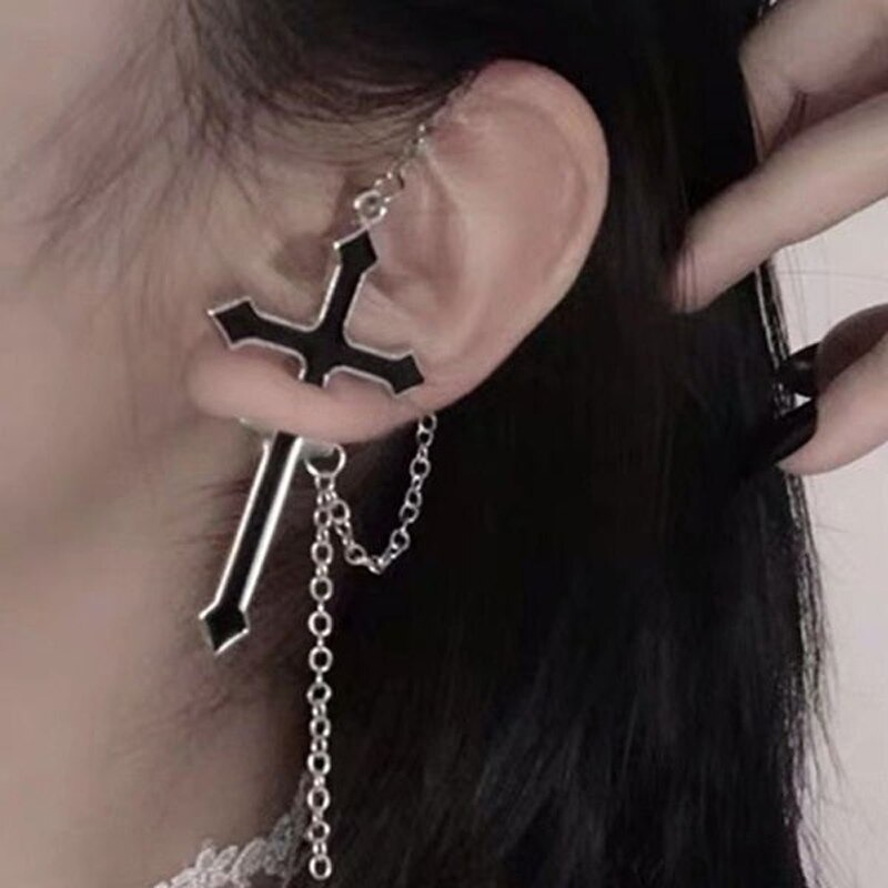 Women's gothic earring featuring a black cross design with chains, stylish zinc alloy accessory for edgy fashion.