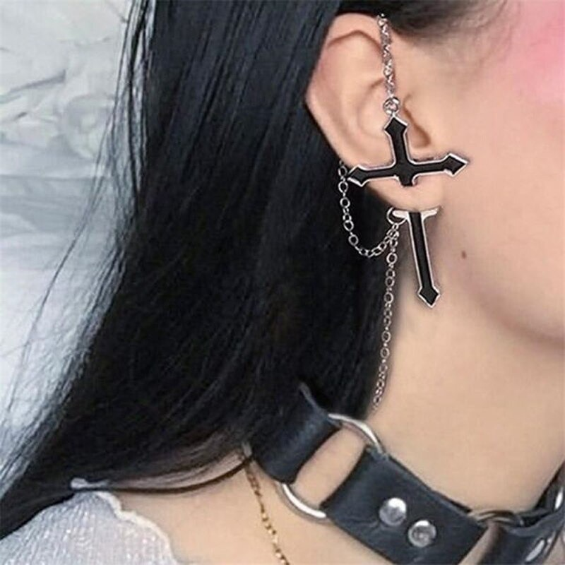 Stylish women's gothic earrings featuring black cross design, perfect for any edgy outfit.