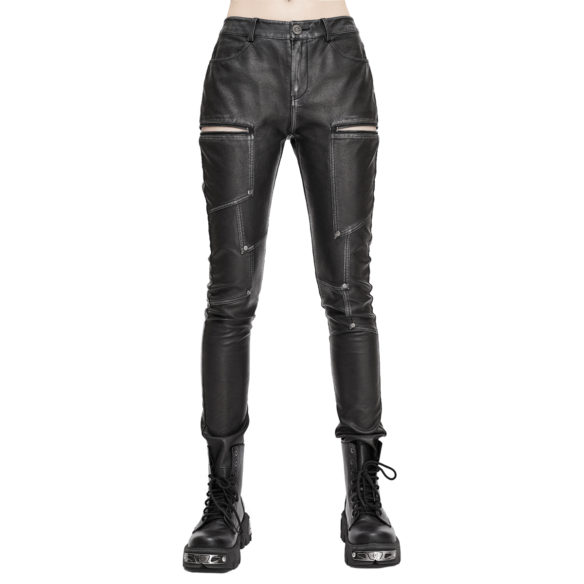 Women's Gothic Faux Leather Zipper Fitted Pants / Punk Style Mid Waist Slim Trousers Pants - HARD'N'HEAVY