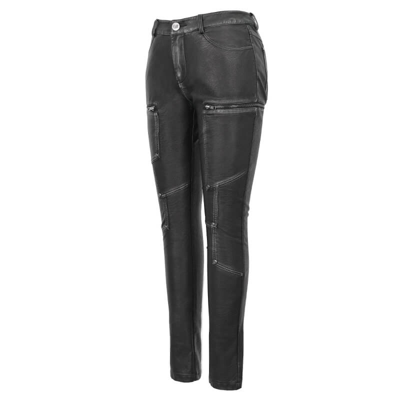 Women's Gothic Faux Leather Zipper Fitted Pants / Punk Style Mid Waist Slim Trousers Pants - HARD'N'HEAVY
