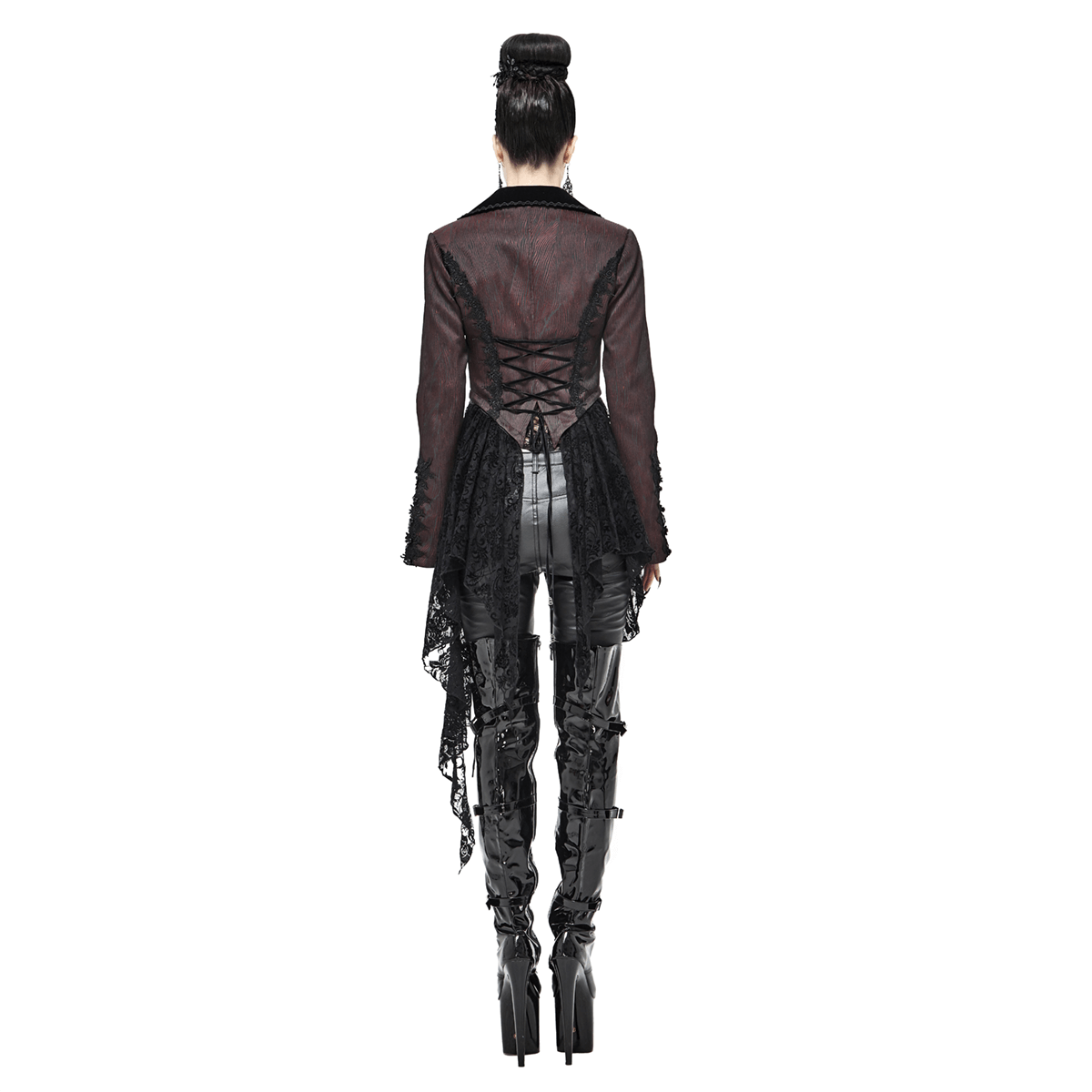 Women's Gothic Flare Sleeve Lace Splice Wine Red Coat / Alternative Style Outerwear - HARD'N'HEAVY