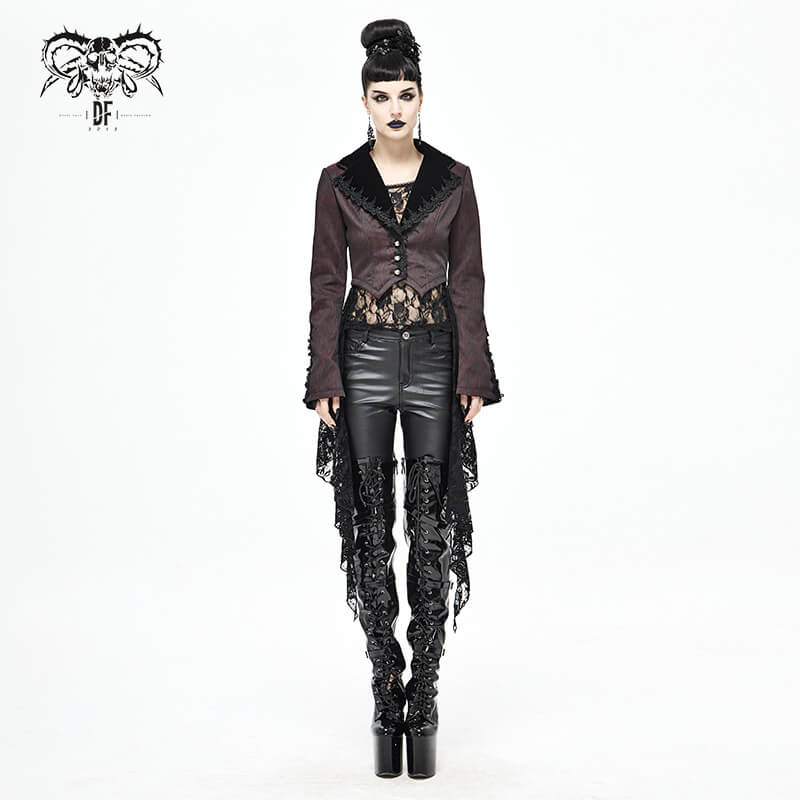 Women's Gothic Flare Sleeve Lace Splice Wine Red Coat / Alternative Style Outerwear - HARD'N'HEAVY