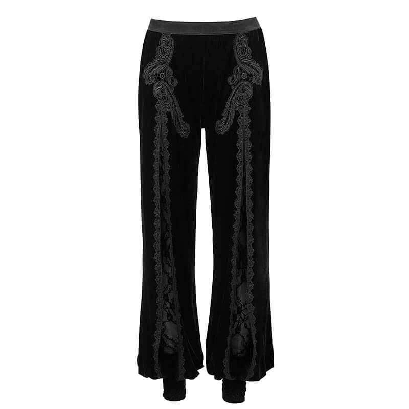 Women's Gothic Floral Embroidered Furcal Black Pants / Ladies Velvet Flared Trousers - HARD'N'HEAVY