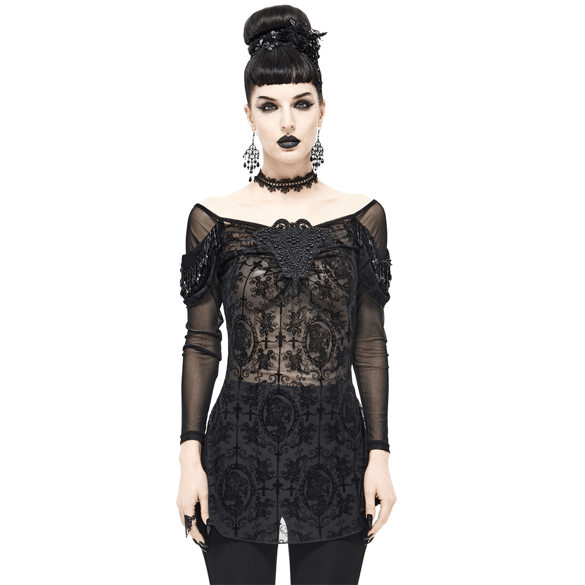 Women's Gothic Floral Embroidered Sheer Black Top / Fashion Female Lace Long Sleeve Tops - HARD'N'HEAVY
