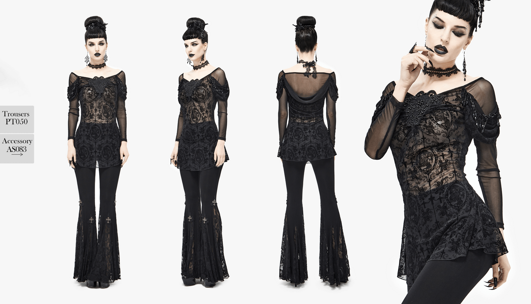 Elegant women's gothic floral embroidered sheer black lace top with long sleeves, styled with flared pants and accessories.