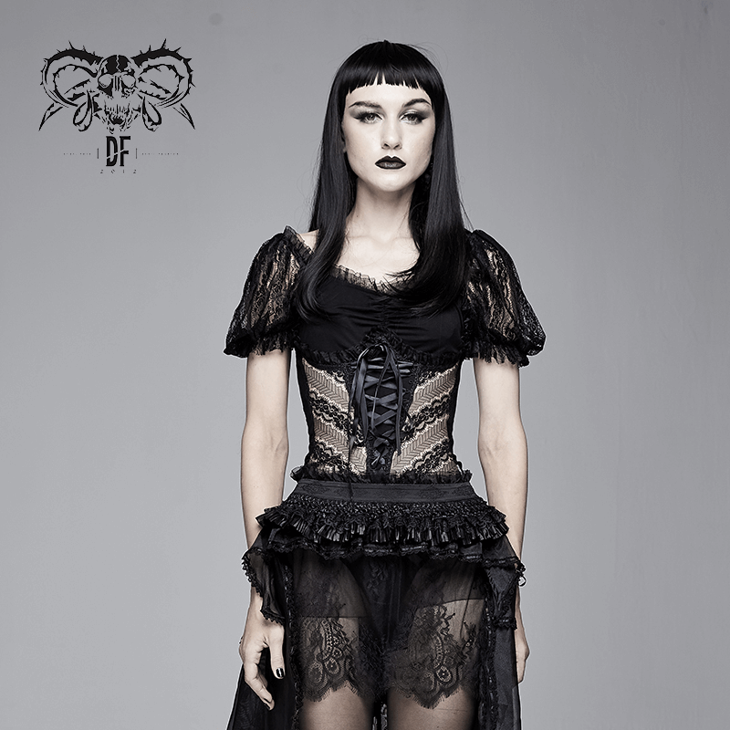 Women's Gothic Lace Puff Sleeve Slim T-Shirt / Gorgeous Sexy Lace-up Short Sleeve T-shirts for Lady - HARD'N'HEAVY