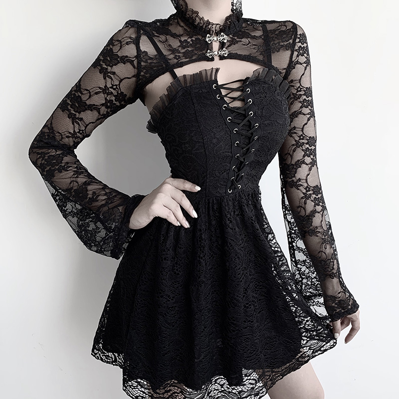 Women's Gothic lace see-through crop top with flower embroidery and long sleeves, perfect for a stylish outfit.