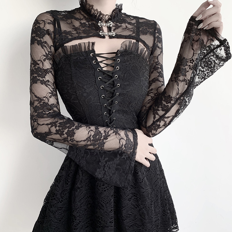 Women's Gothic Lace See Through Crop Top / Vintage Flower Embroidery Long Sleeve Top - HARD'N'HEAVY
