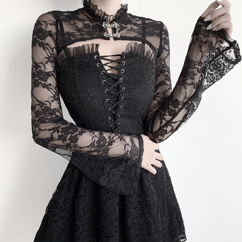 Women's Gothic lace crop top with flower embroidery, featuring long sleeves and a chic lace-up front.