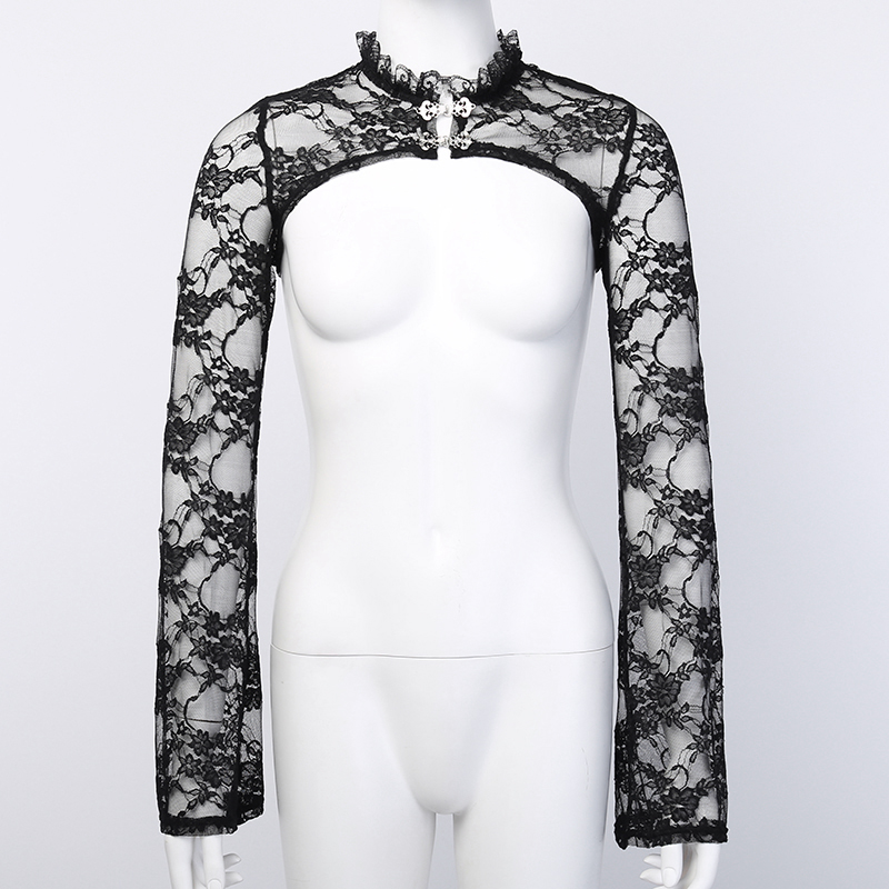 Women's Gothic Lace See Through Crop Top / Vintage Flower Embroidery Long Sleeve Top - HARD'N'HEAVY