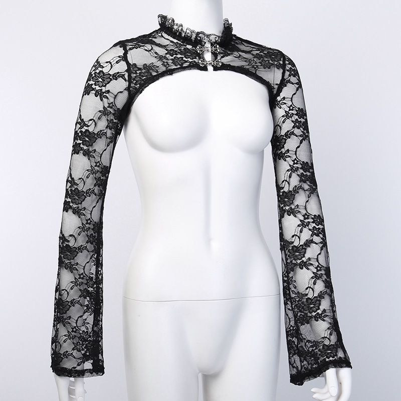 Women's Gothic lace long sleeve crop top with vintage flower embroidery on a mannequin.