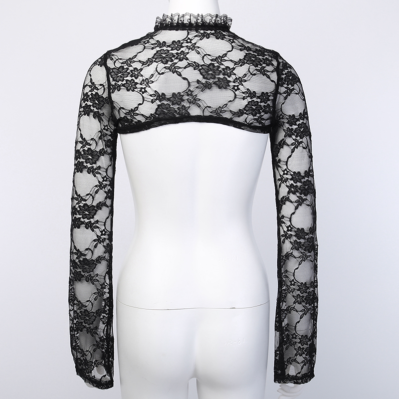 Back view of a women's gothic lace see-through crop top with long sleeves and delicate floral embroidery.