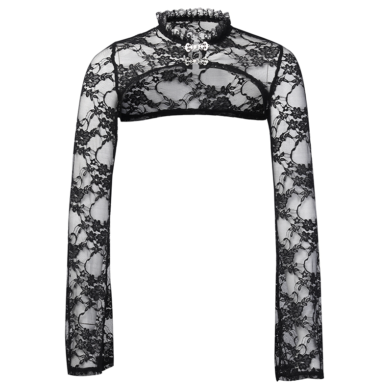 Women's Gothic lace crop top with long sleeves and floral embroidery, perfect for a vintage-inspired outfit.
