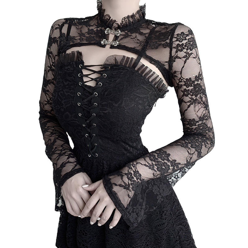 Women's Gothic lace long sleeve top with vintage flower embroidery and stylish cut-out design.